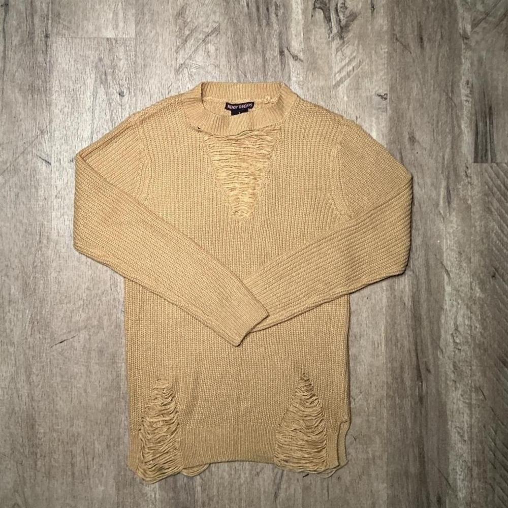 Rendy Threads Chunky Knit Sweater Size L Tan Cream Crewneck Cozy Fall